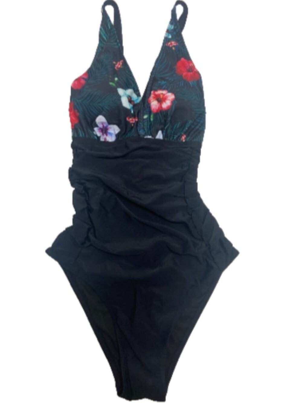 Aqua Eve Women's V Neck Black Green Tropical Floral Ruched One Piece Swimsuit M